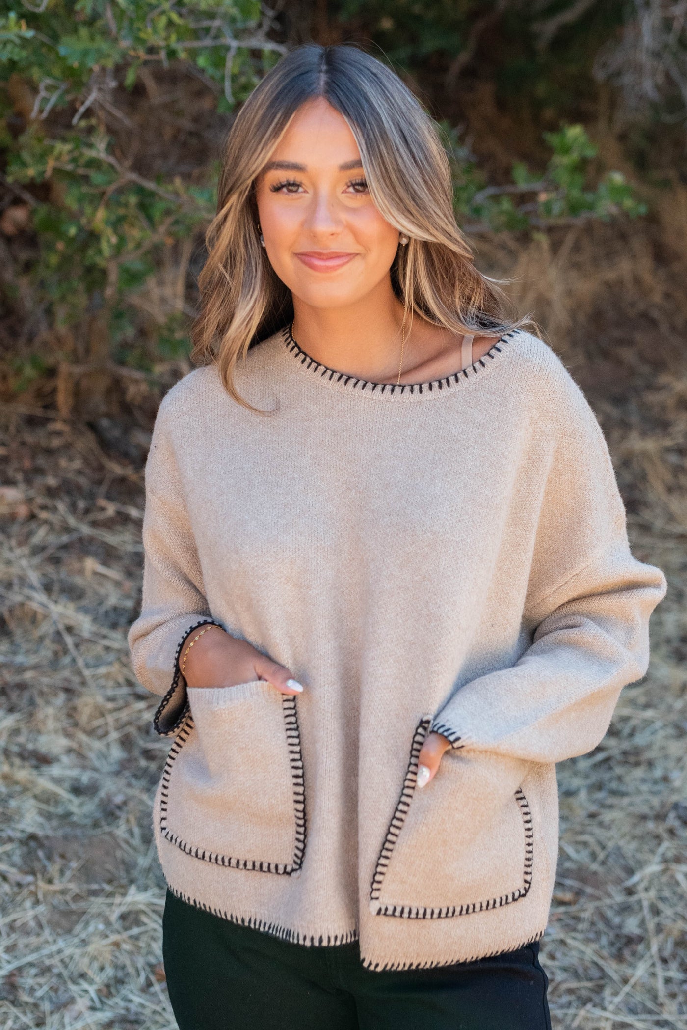 Drop sleeve taupe stitch pocket sweater