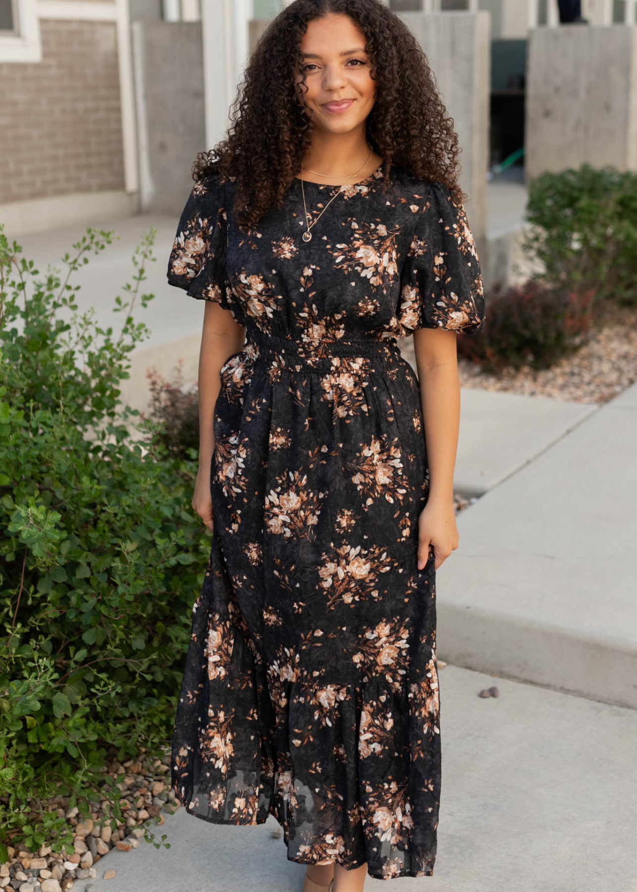 Black floral dress with short sleeves