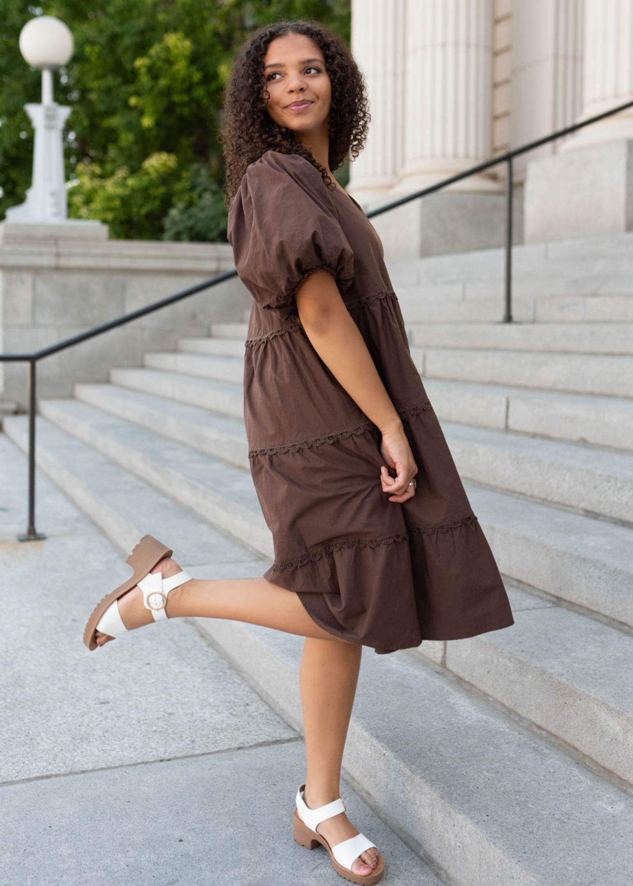 Short sleeve navy tiered dress