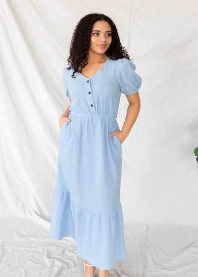 Short sleeve blue gauze dress with pockets