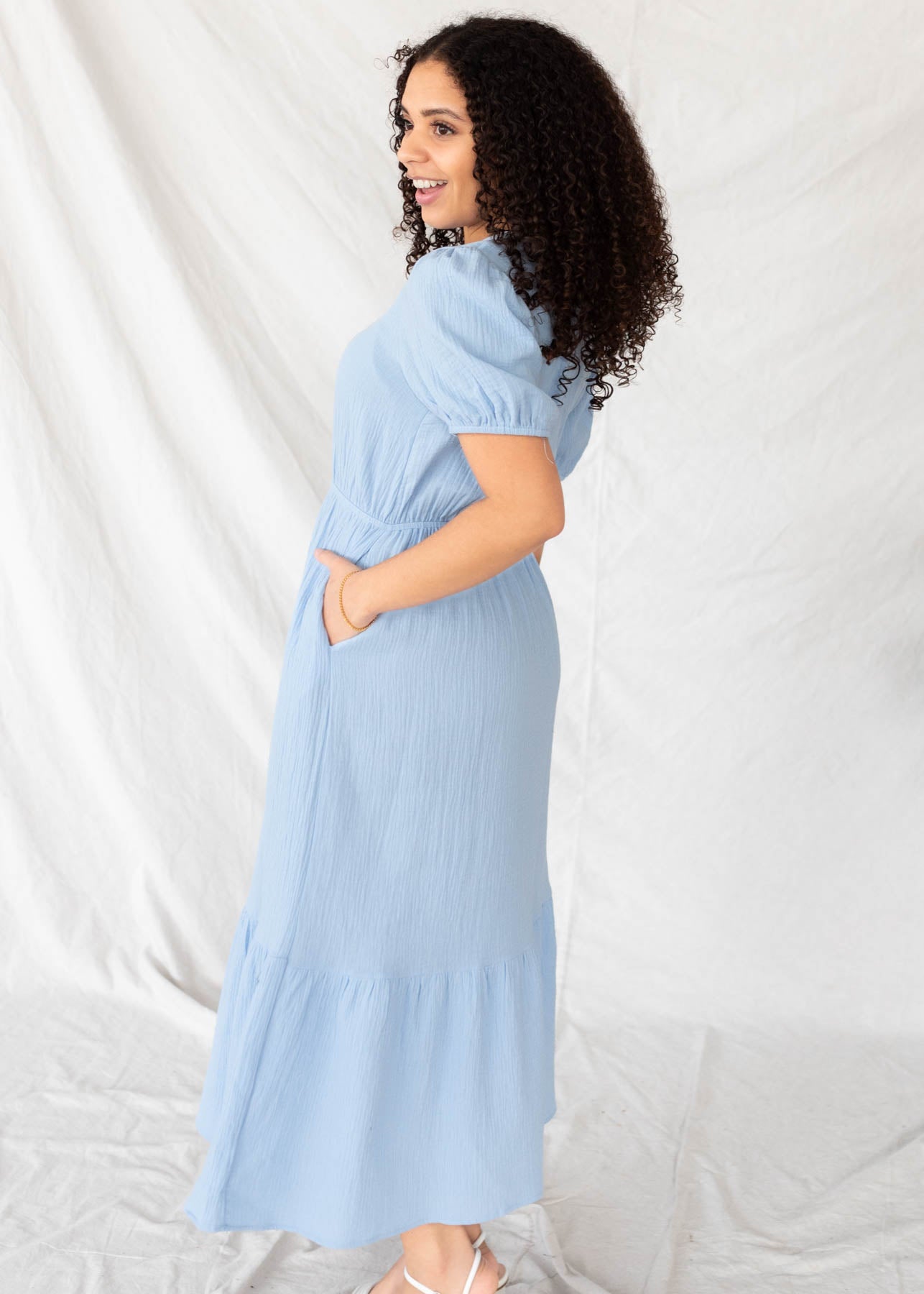 Side view of the blue gauze dress