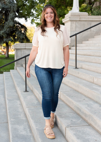 Short sleeve plus size eggshell dot puff sleeve top