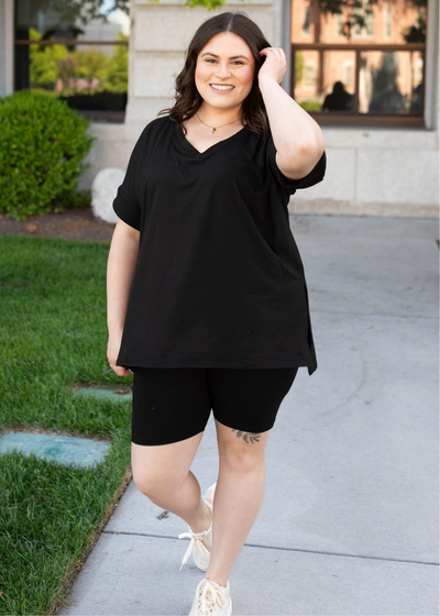 Plus size black set with v-neck tee and biker shorts