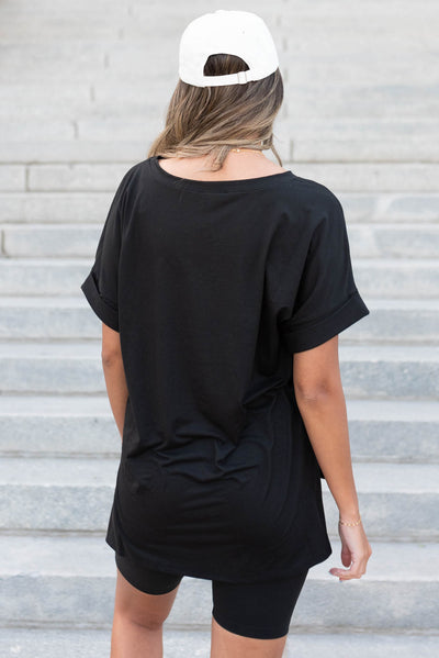 Back view of a black set with top and shorts