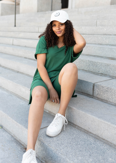 Oversized top and biker shorts in the dark green set 