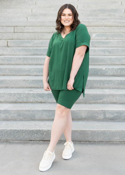 Plus size dark green set with biker shorts and oversized top