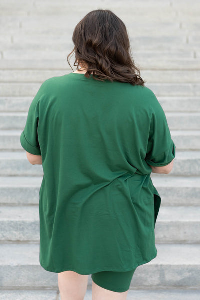 Back view of the plus size dark green set with biker shorts