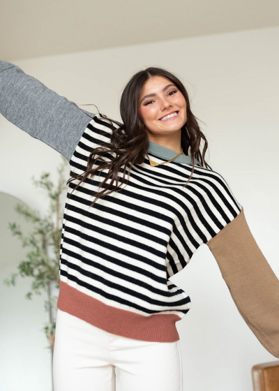 Long sleeve stripe colorblock sweater