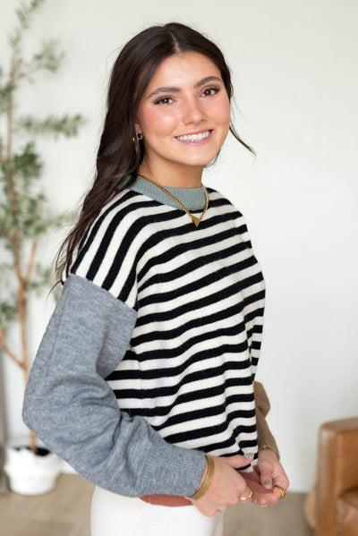 Side view of the stripe colorblock sweater