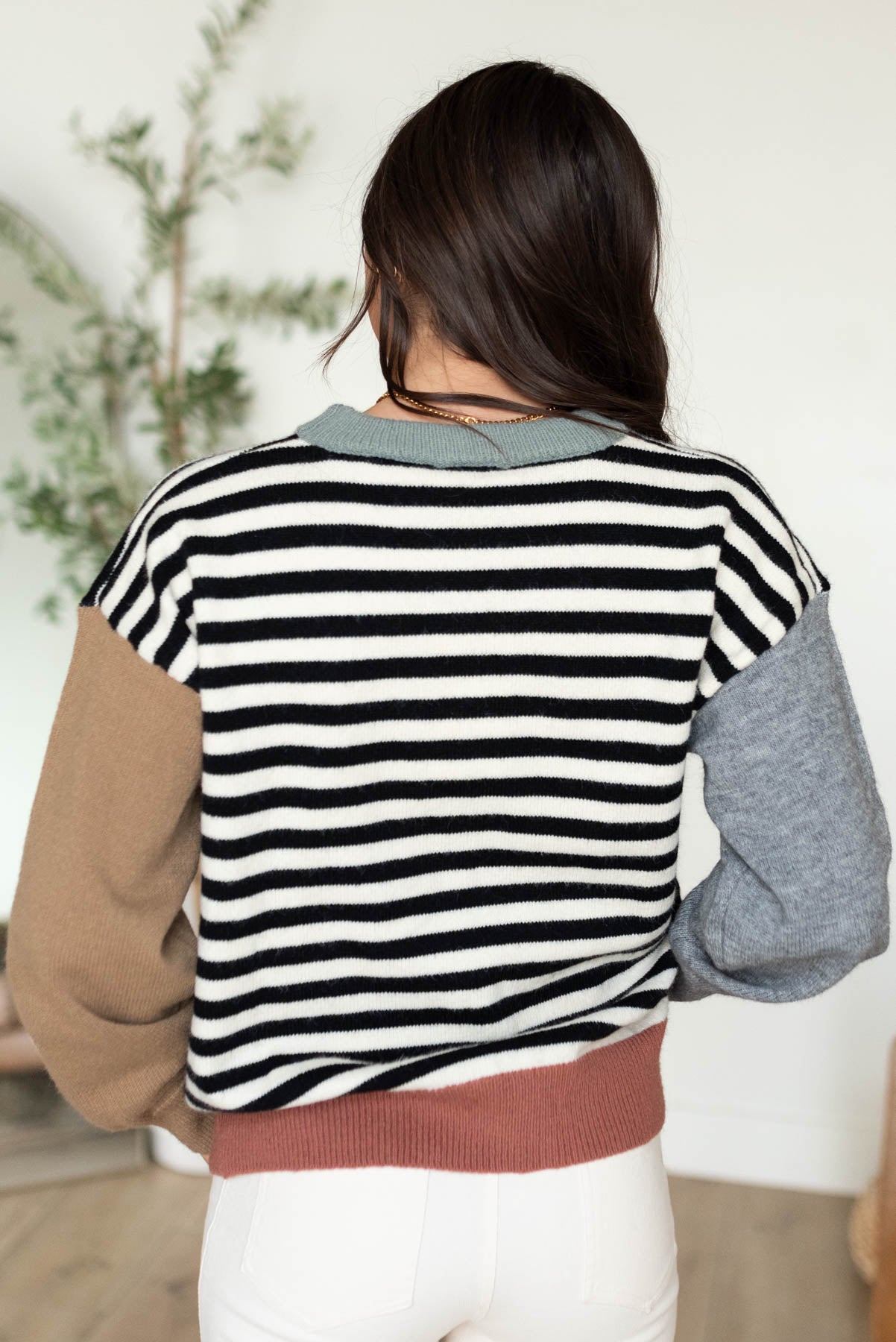 Back view of the stripe colorblock sweater 