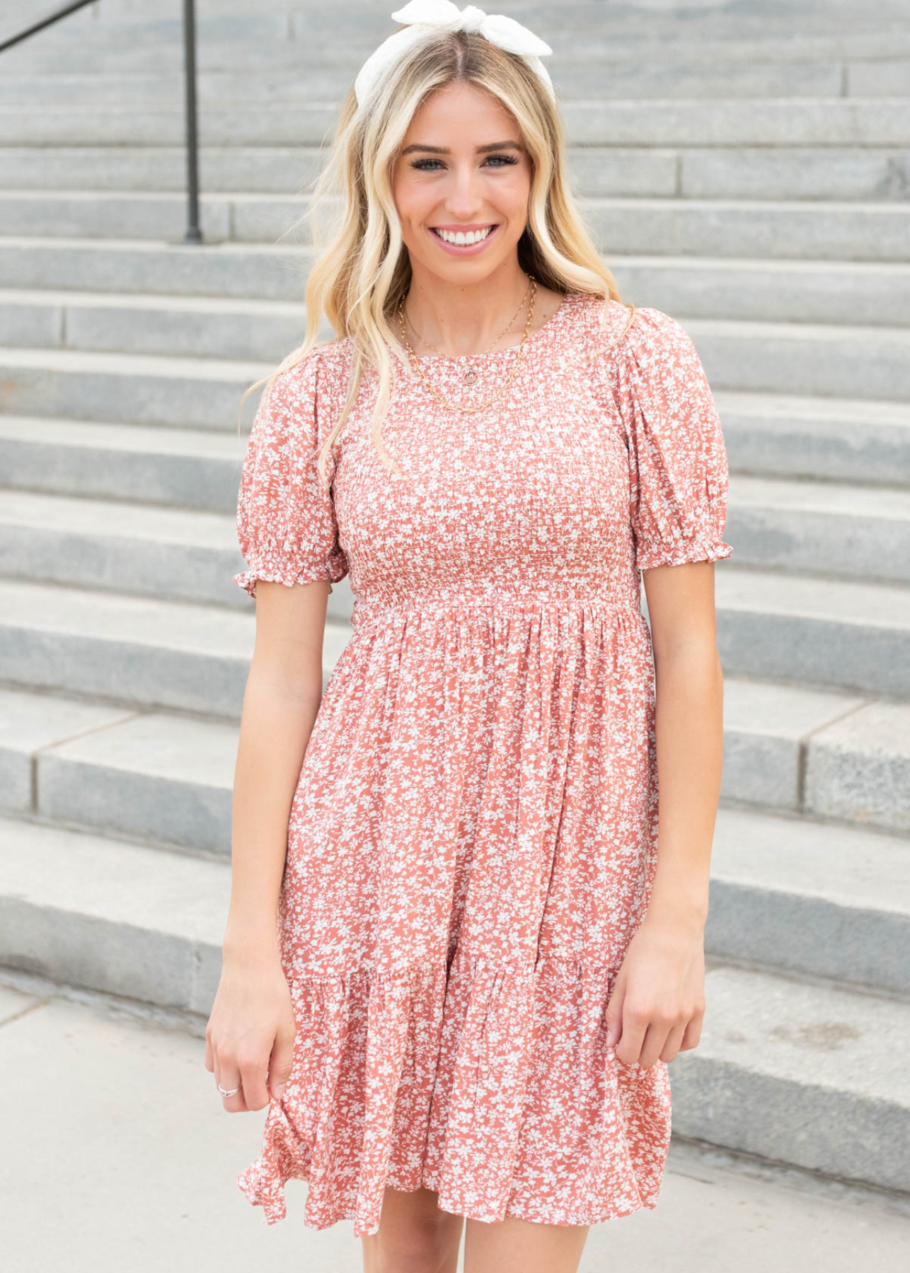 Coral floral mini dress with short sleeves