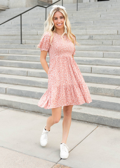 Short sleeve coral floral mini dress