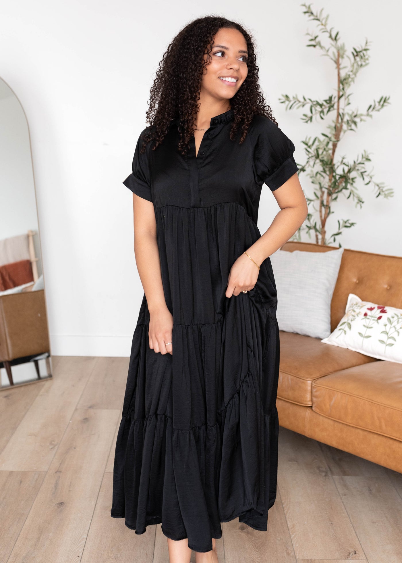 Short sleeve black satin dress