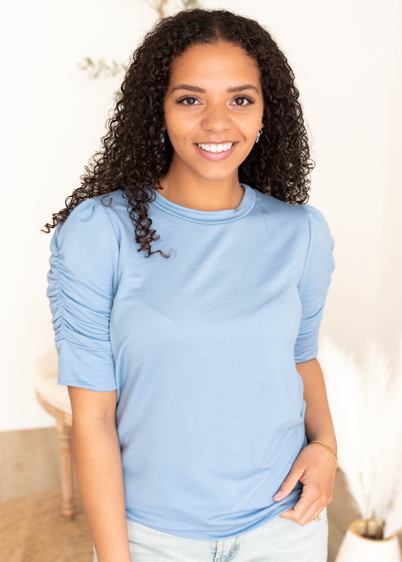 Short sleeve light blue ruffle sleeve top