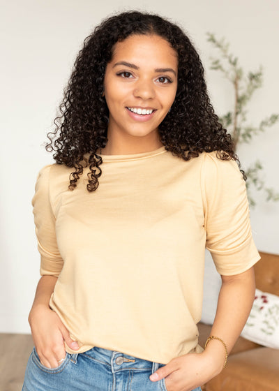 Taupe ruffle sleeve top with short sleeves