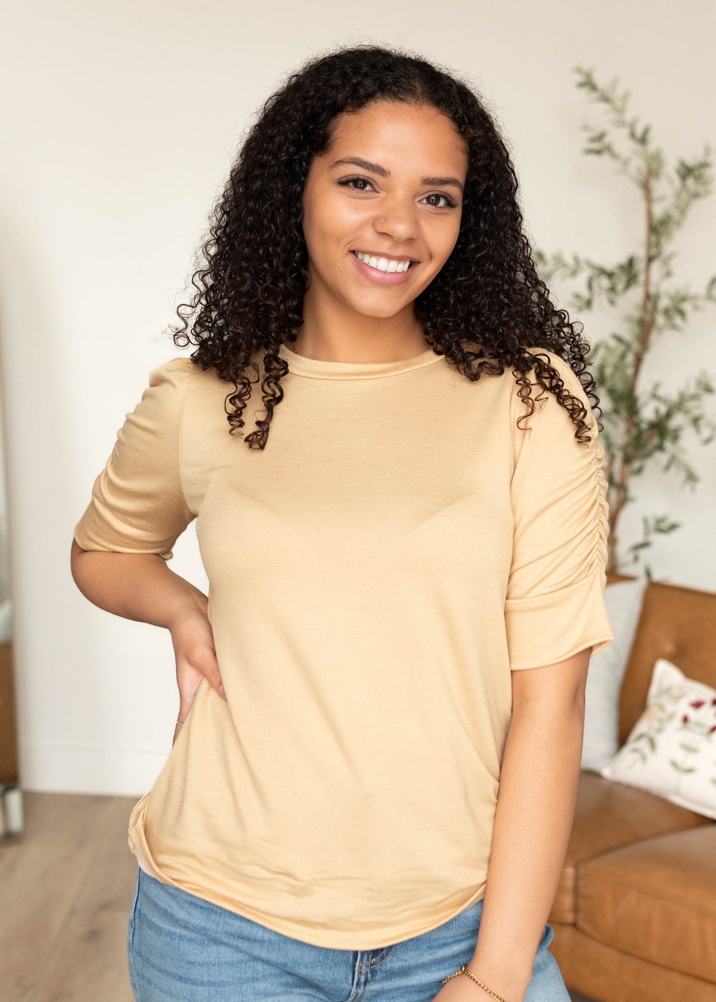 Short sleeve taupe ruffle sleeve top