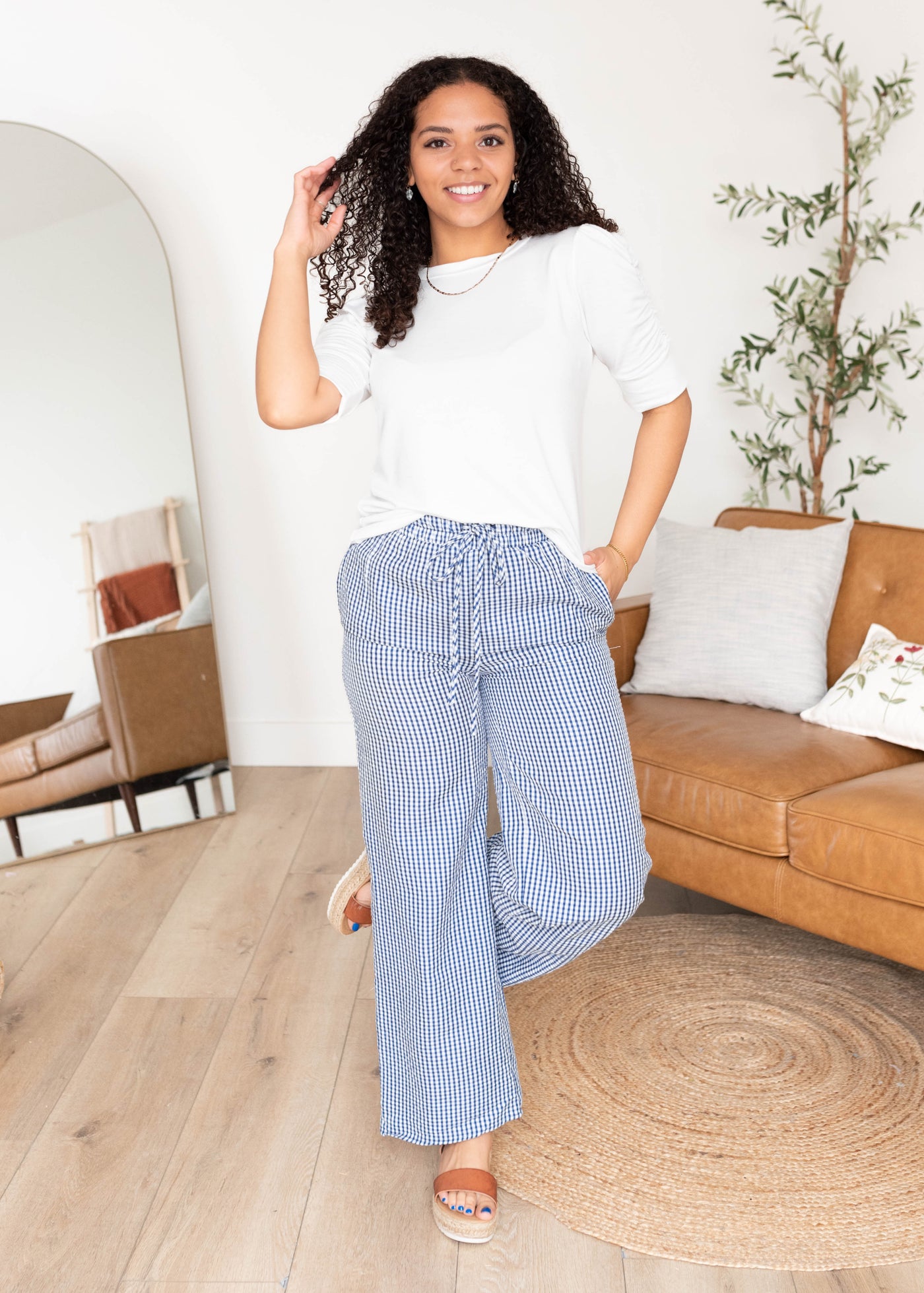 Blue gingham pants with elastic waist