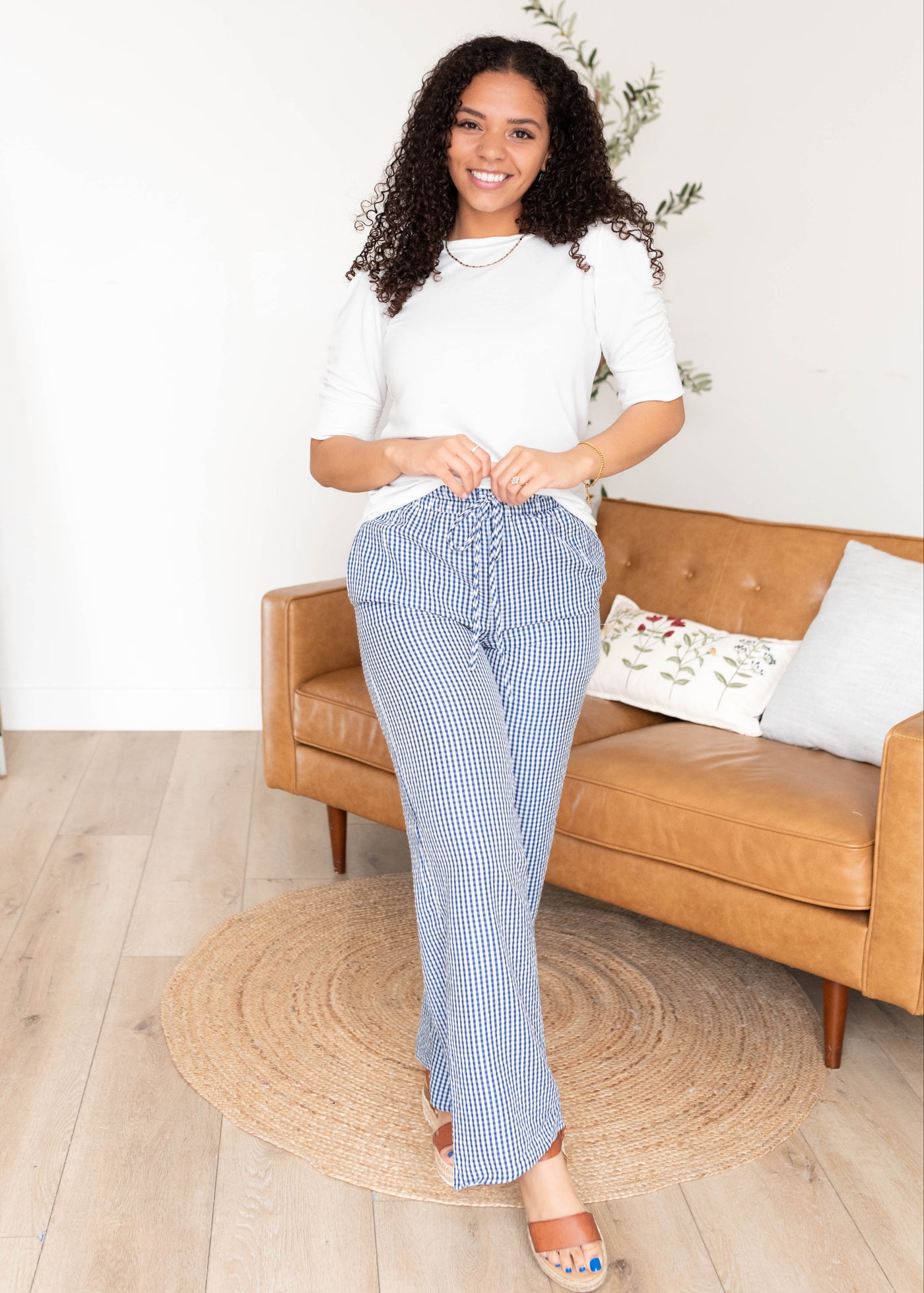 Blue gingham pants with pockets