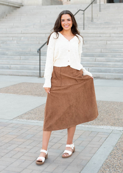 Midi length chesnut corduroy skirt