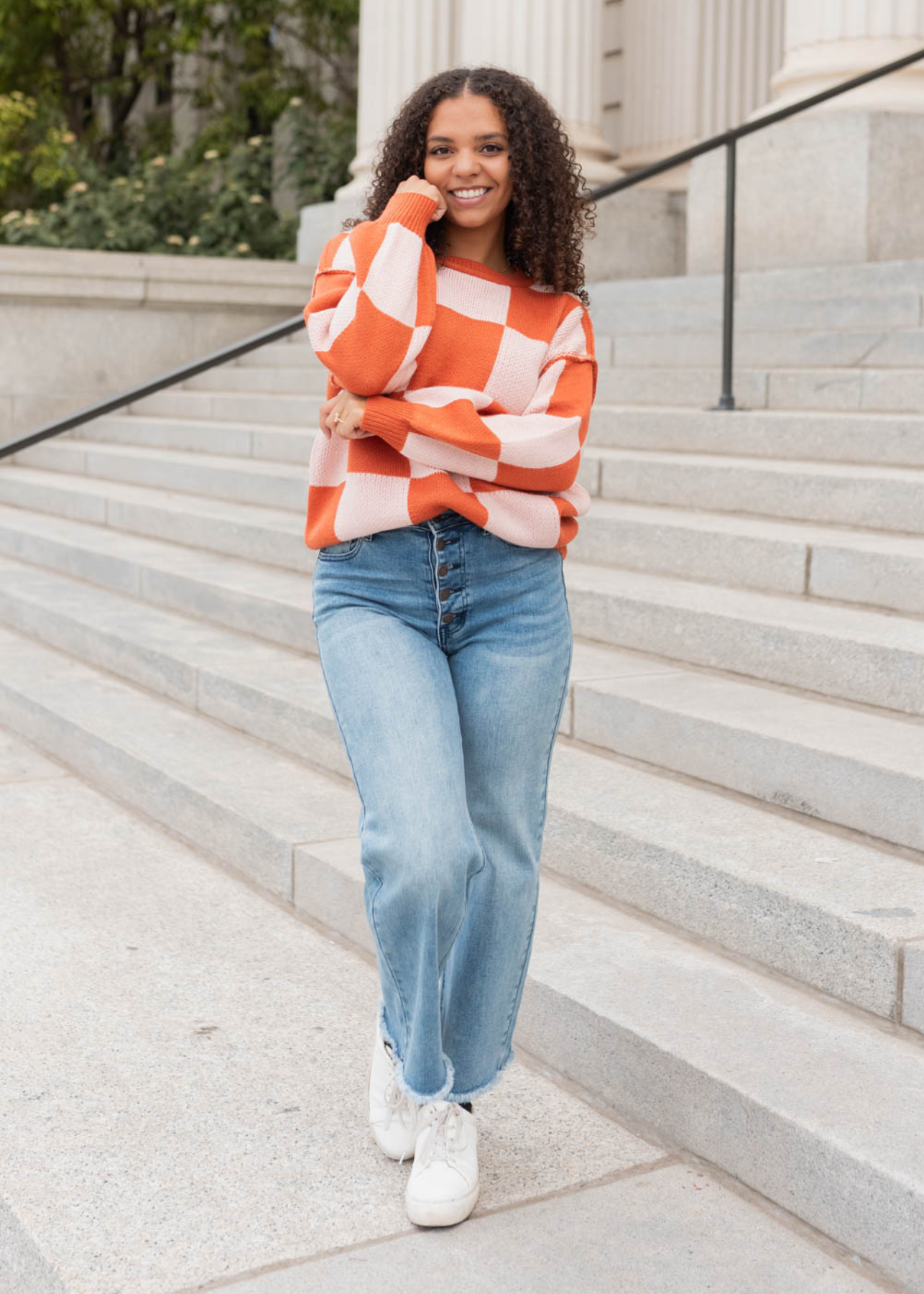 Rust checker sweater with a drop sleeve