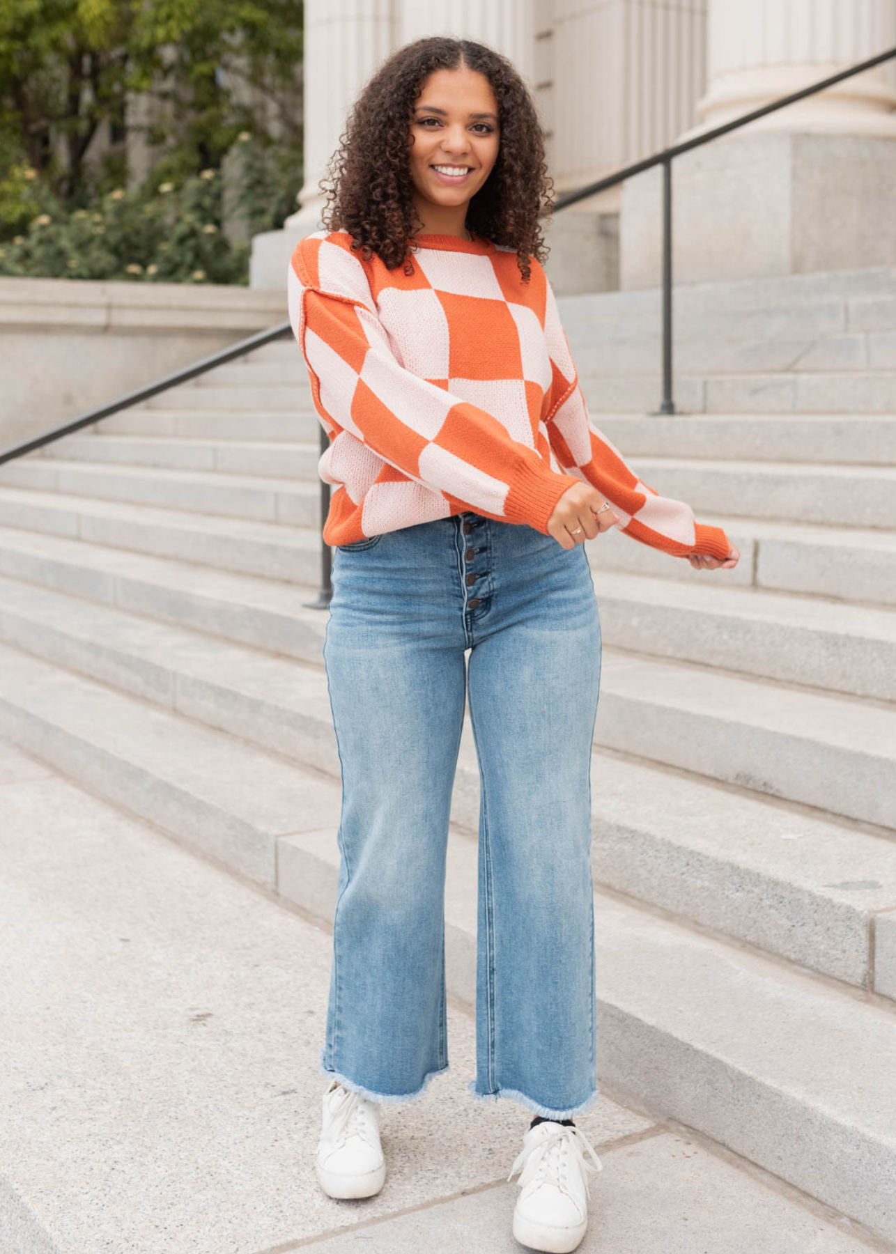 Long sleeve rust checker sweater