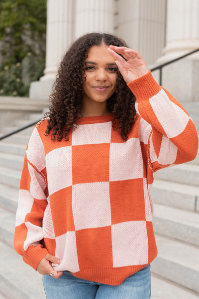 Drop sleeve rust checker sweater