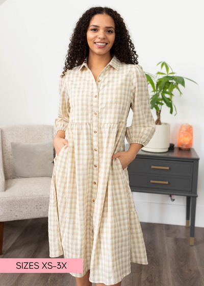 Taupe gingham button down dress with long sleeves and pockets