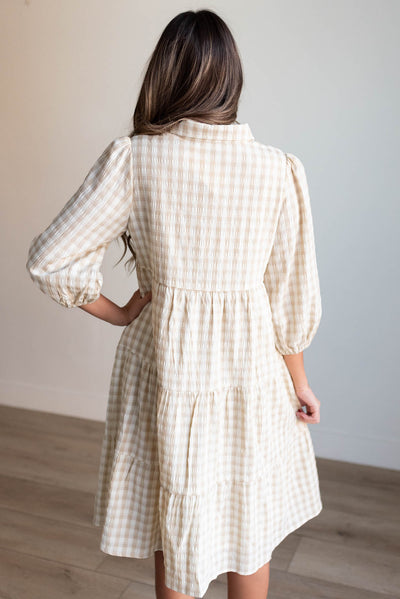 Cambree Taupe Gingham Button Down Dress