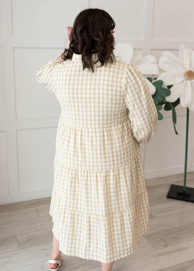 Back view of the taupe gingham button down dress