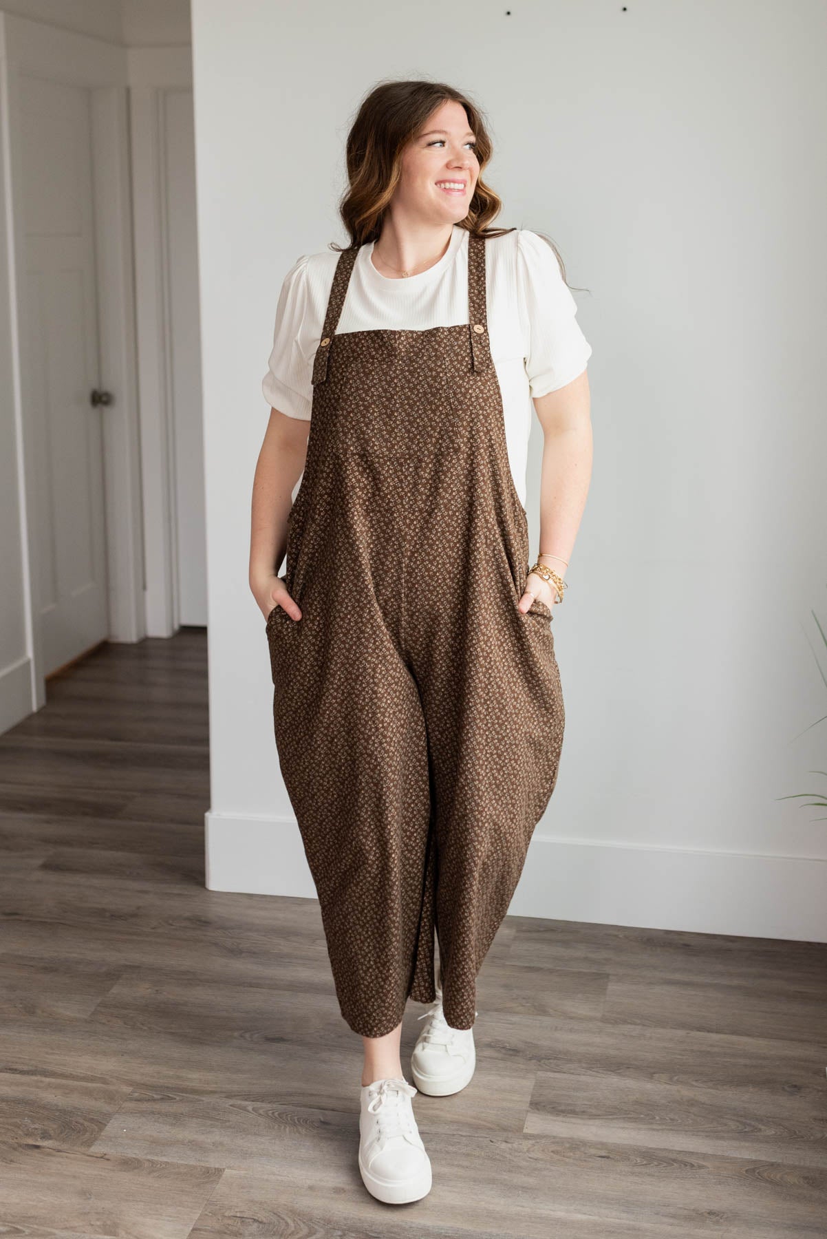 Brown floral printed overalls with button straps