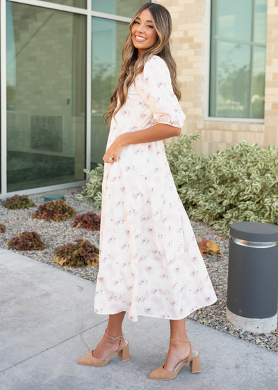 Side view of the lavender blush floral dress