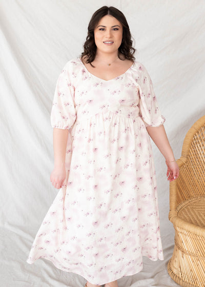 Wide v-neck plus size lavender blush floral dress