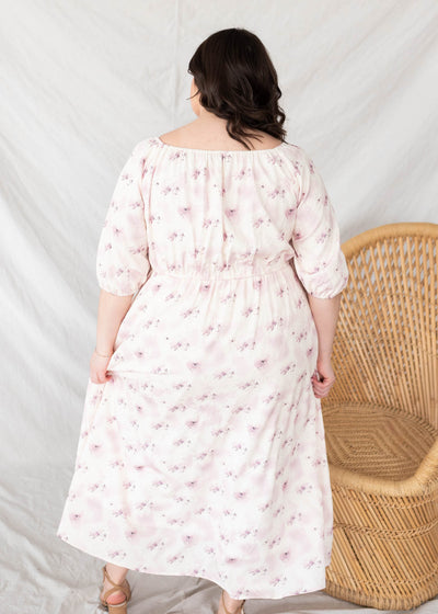 Back view of the plus size lavender blush floral dress