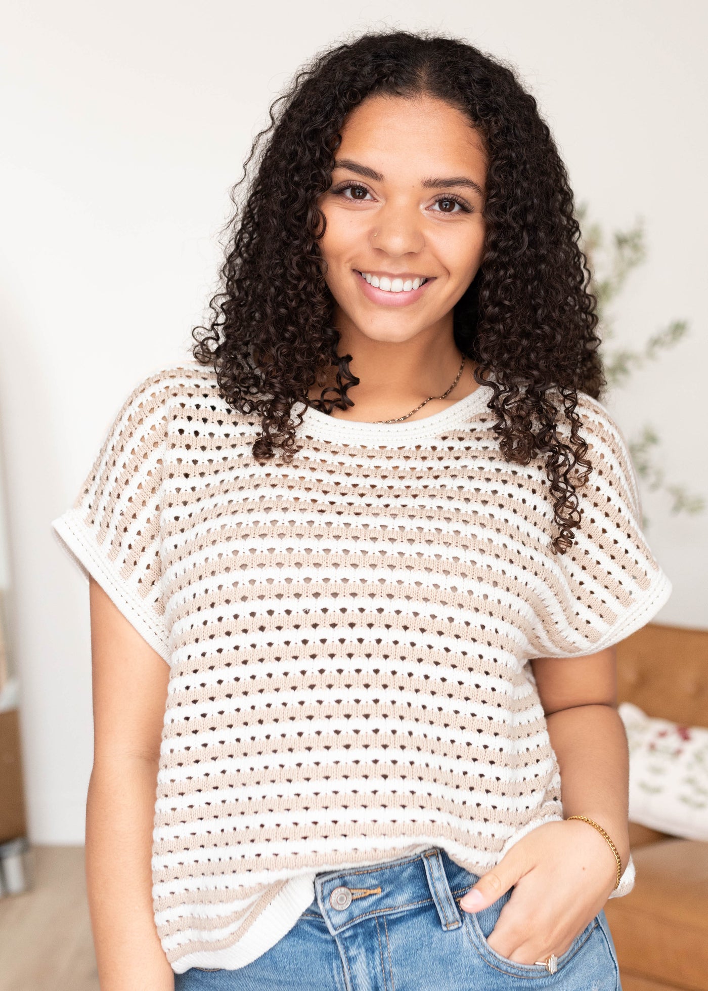 Front view of the khaki crochet knit sweater