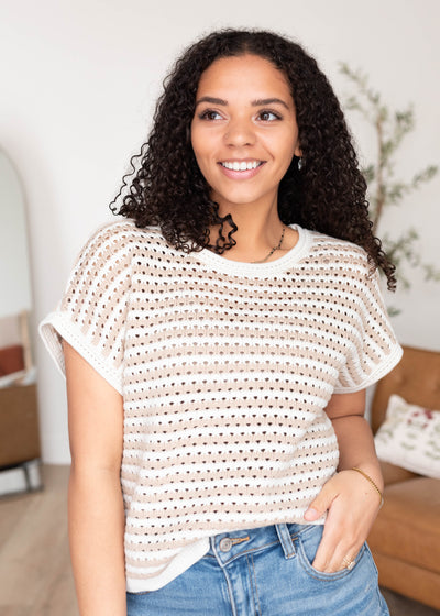 Khaki crochet knit sweater with white trim