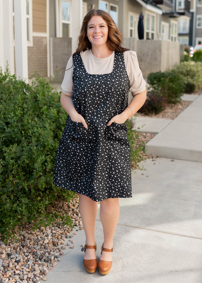 Below the knee plus size black floral jumper dress