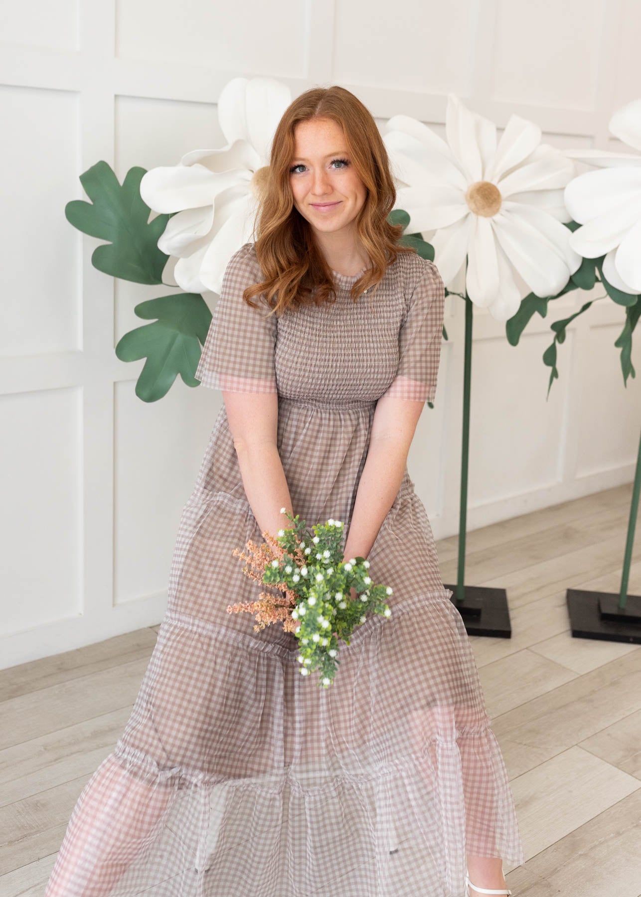 Light mocha gingham dress with short sleeves