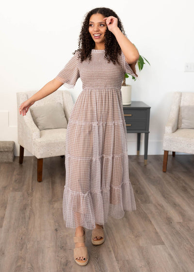 Small light Mocha gingham dress with ruffle at the neck