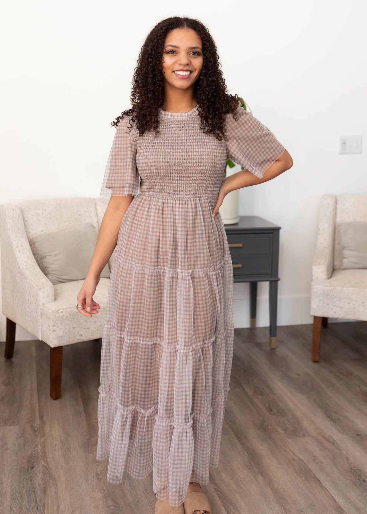 LIght mocha gingham dress with tiered skirt