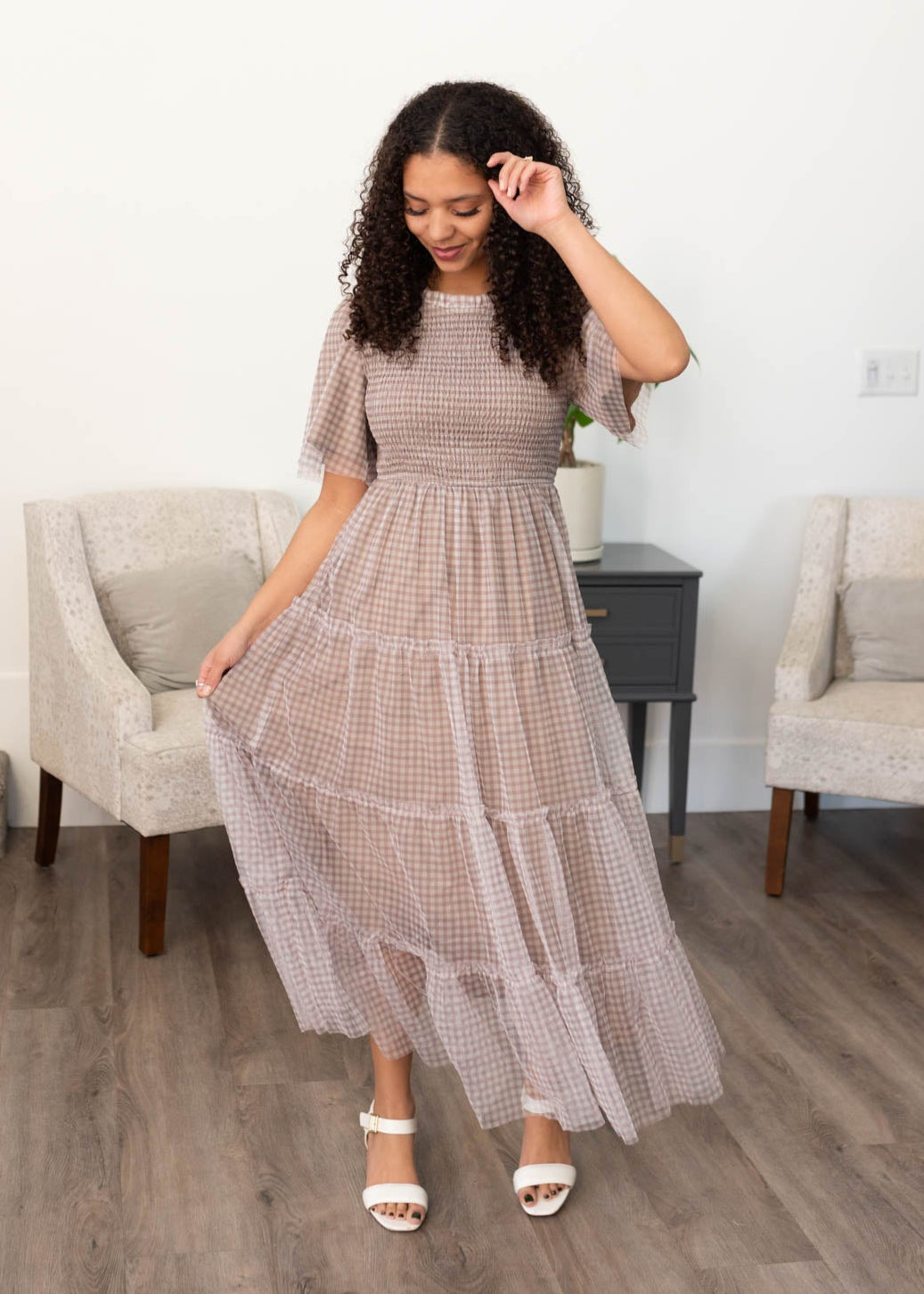 LIght mocha gingham dress with short sleeves