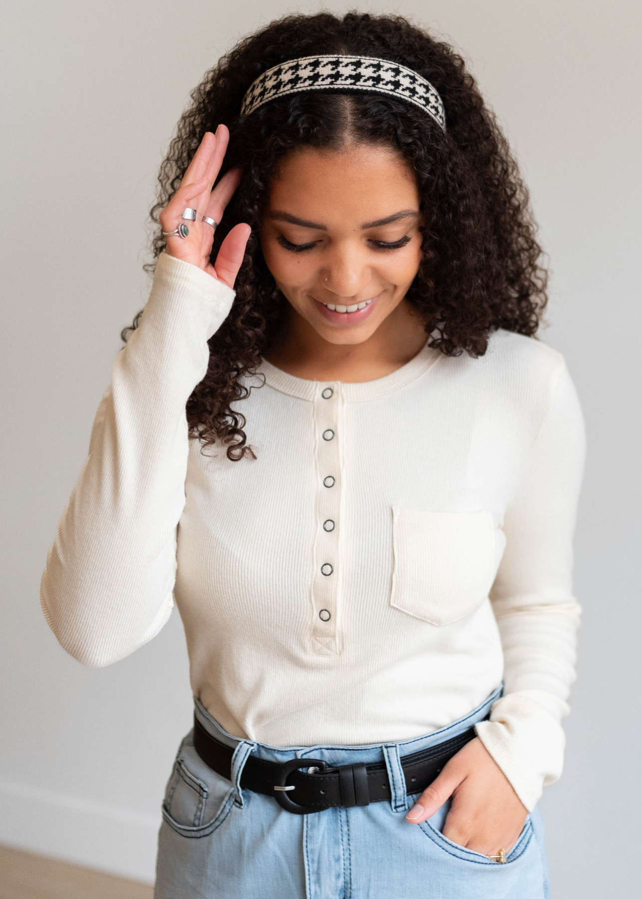 Cream long sleeve top with front pocket