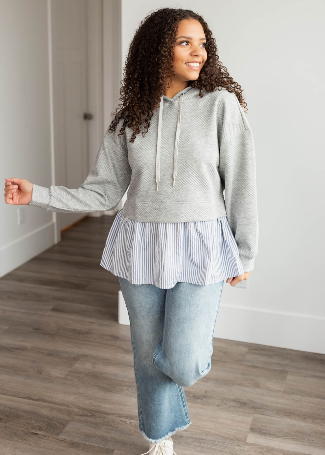 Heather grey textured hoodie with long sleeves