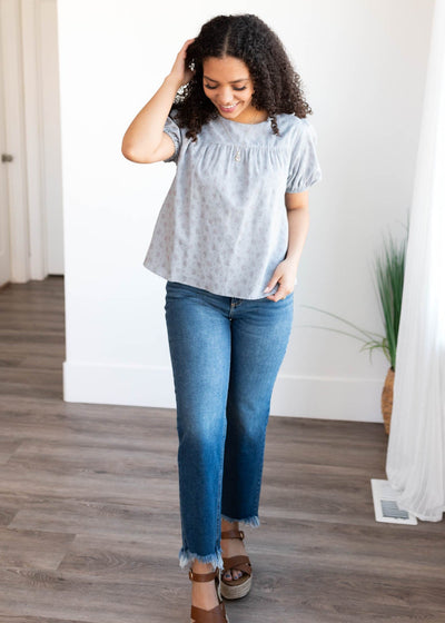 Blue rose floral blouse with short sleeve