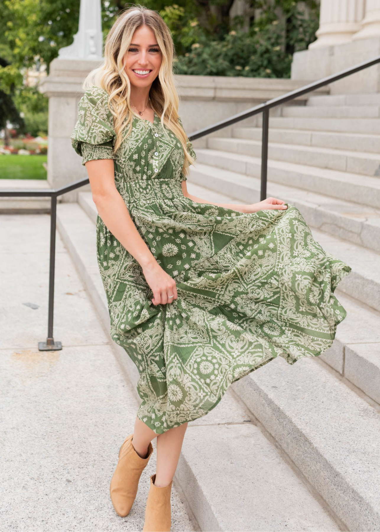 Green floral tiered dress