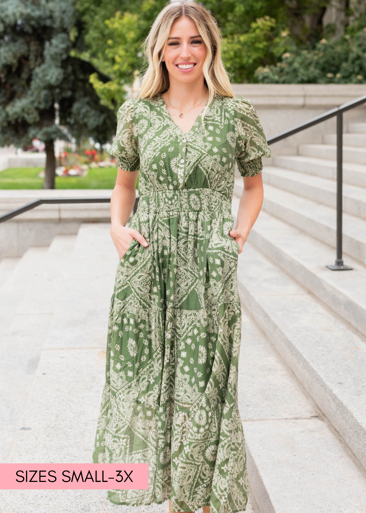 Green floral tiered dress with pockets