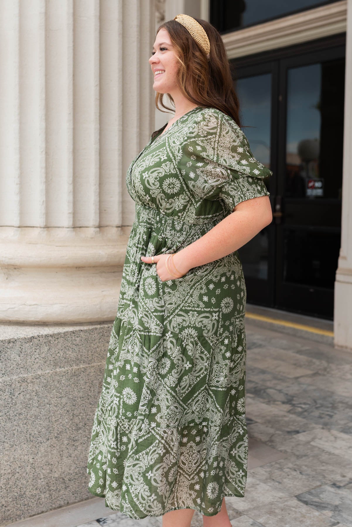 Side view of the green floral tiered dress