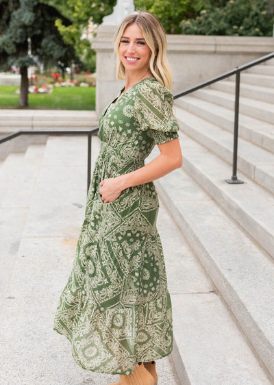 Side view of the green floral tiered dress