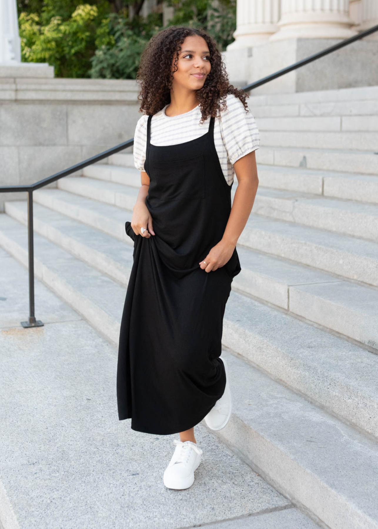 Skinny strapped black overall maxi dress