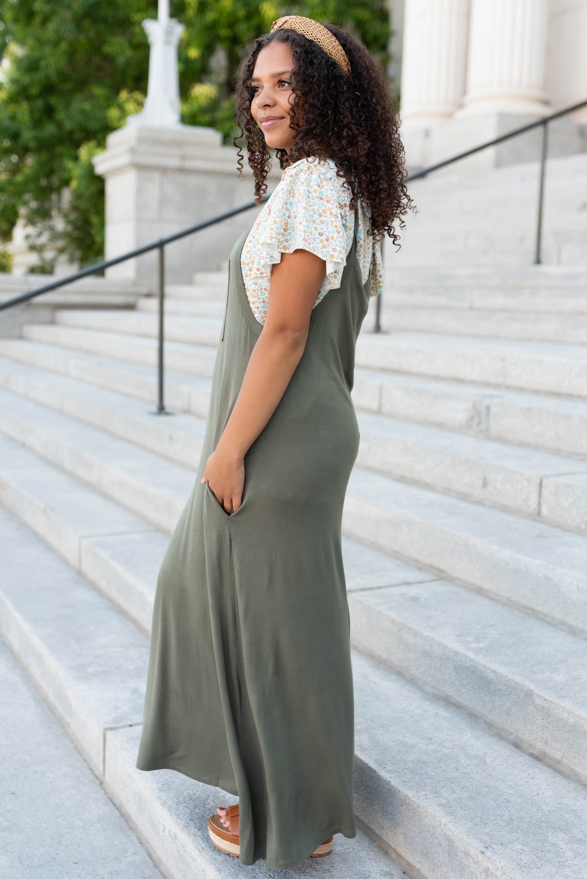 Side view of the olive overall maxi dress