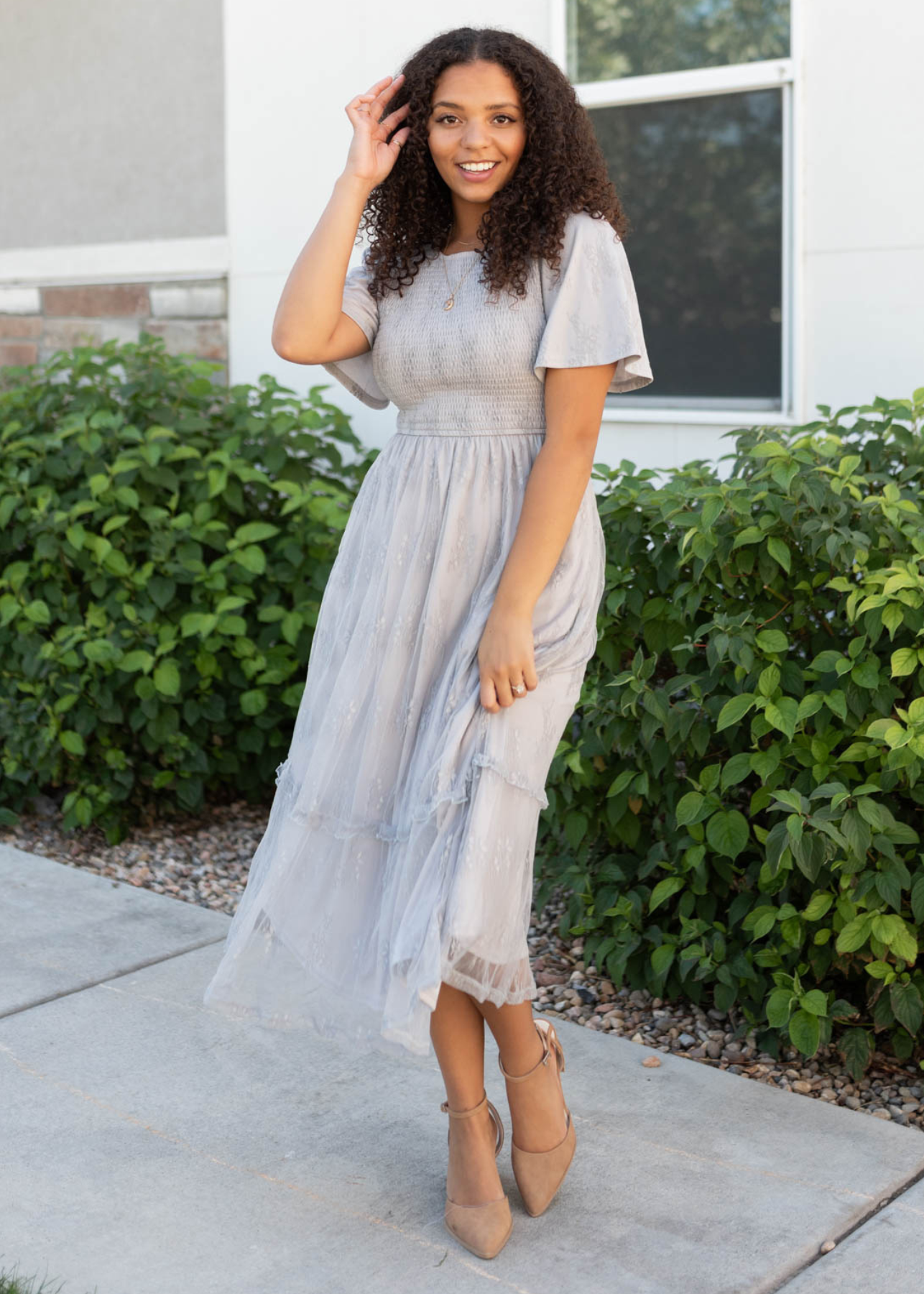 Grey floral lace dress with smocked bodice